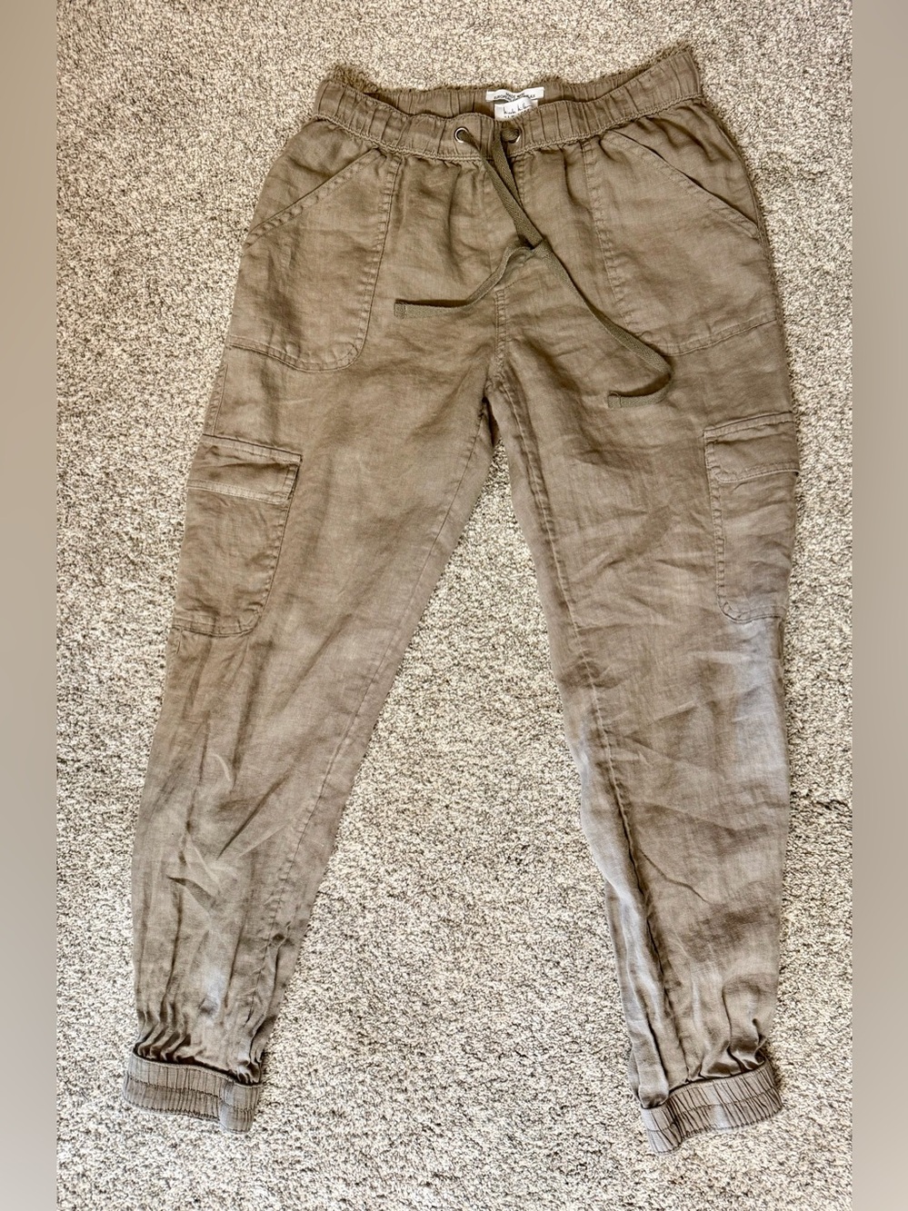 Nicole Miller 100% Linen Pale Olive Drawstring Jogger Pants